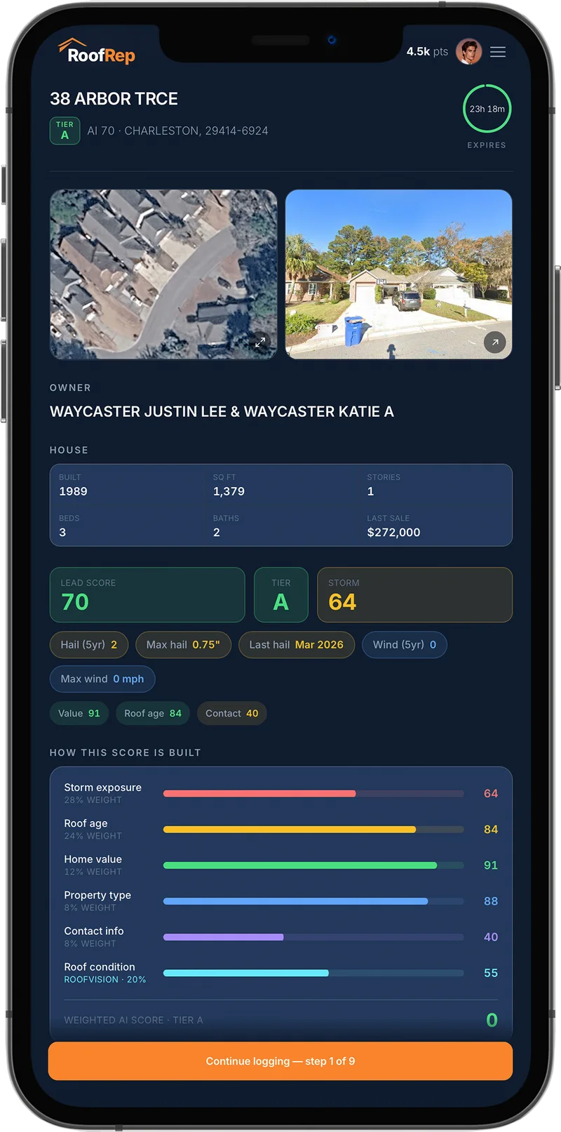 The RoofRep lead screen — a scored A-tier roof with storm history, owner info, and the score breakdown